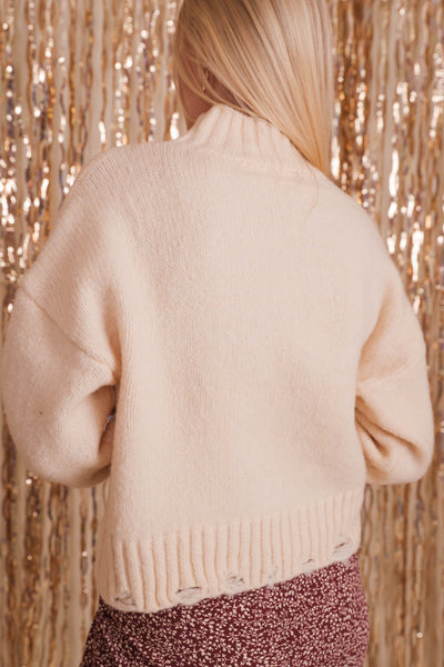 Women's Ivory Distressed Sweater- Women's Cozy Fall Sweater- VeryJ Sweaters