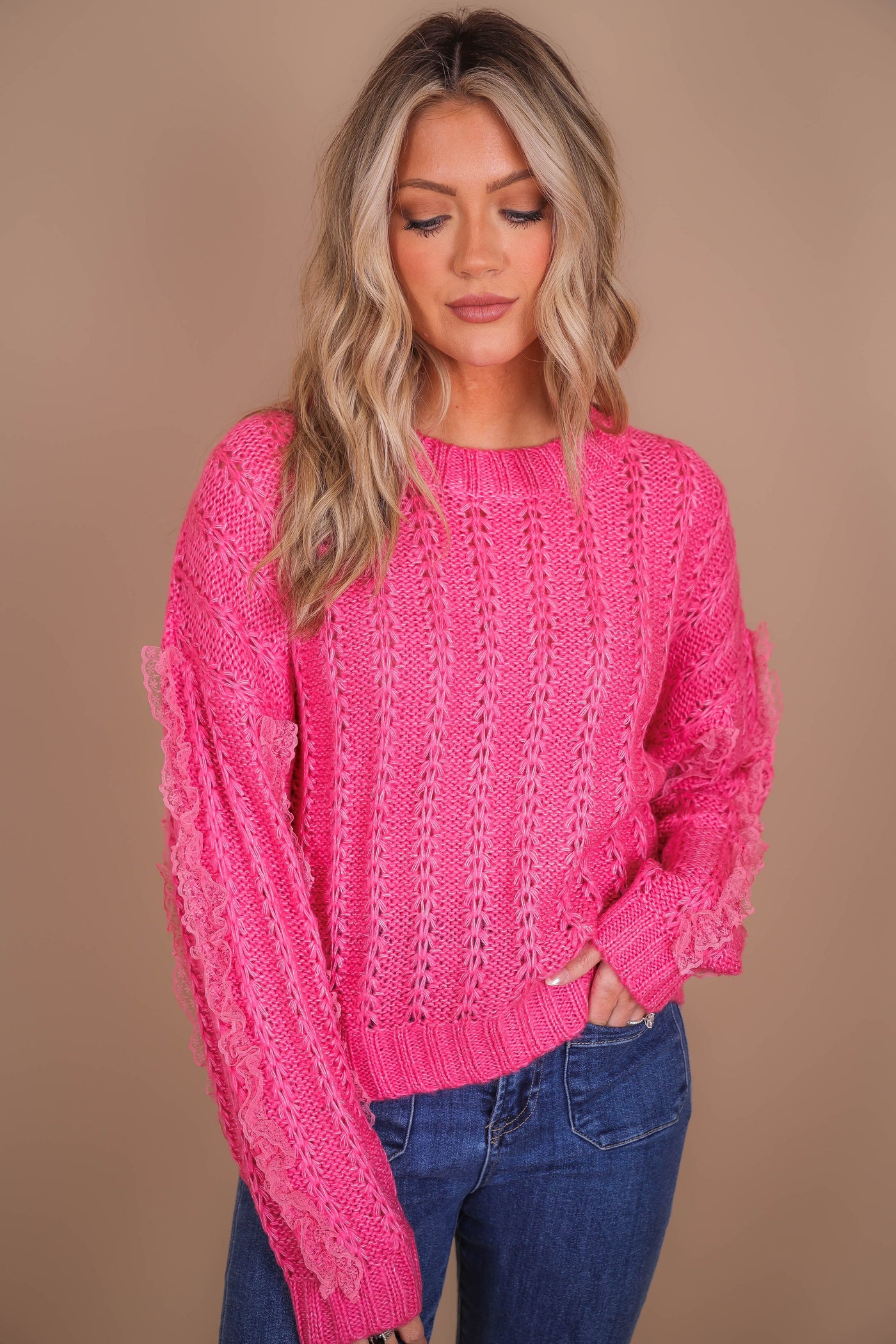Hot Pink Knit and Lace Sweater- Love Fancy Sweater- Ballet Core Sweater