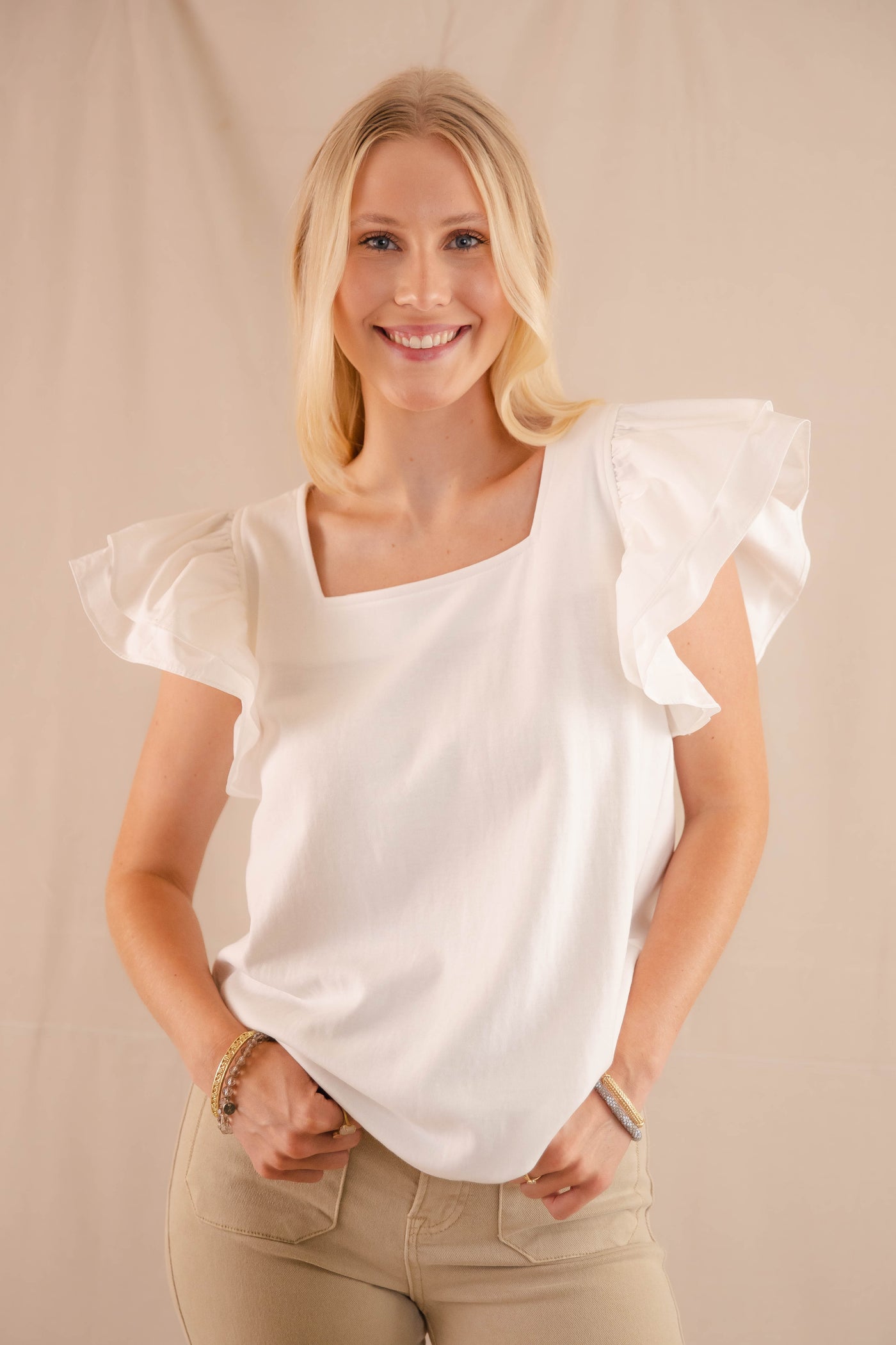 Women's White Ruffled Blouse - Women's Preppy Top - Jodifl Ruffled Top