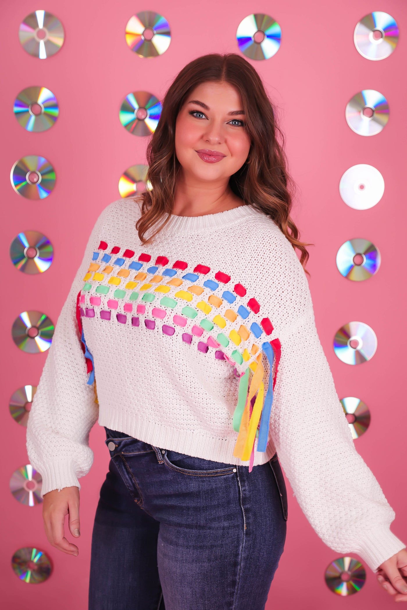 Women's Rainbow Knit Sweater- Women's Ribbon Sweater- Day + Moon Sweater