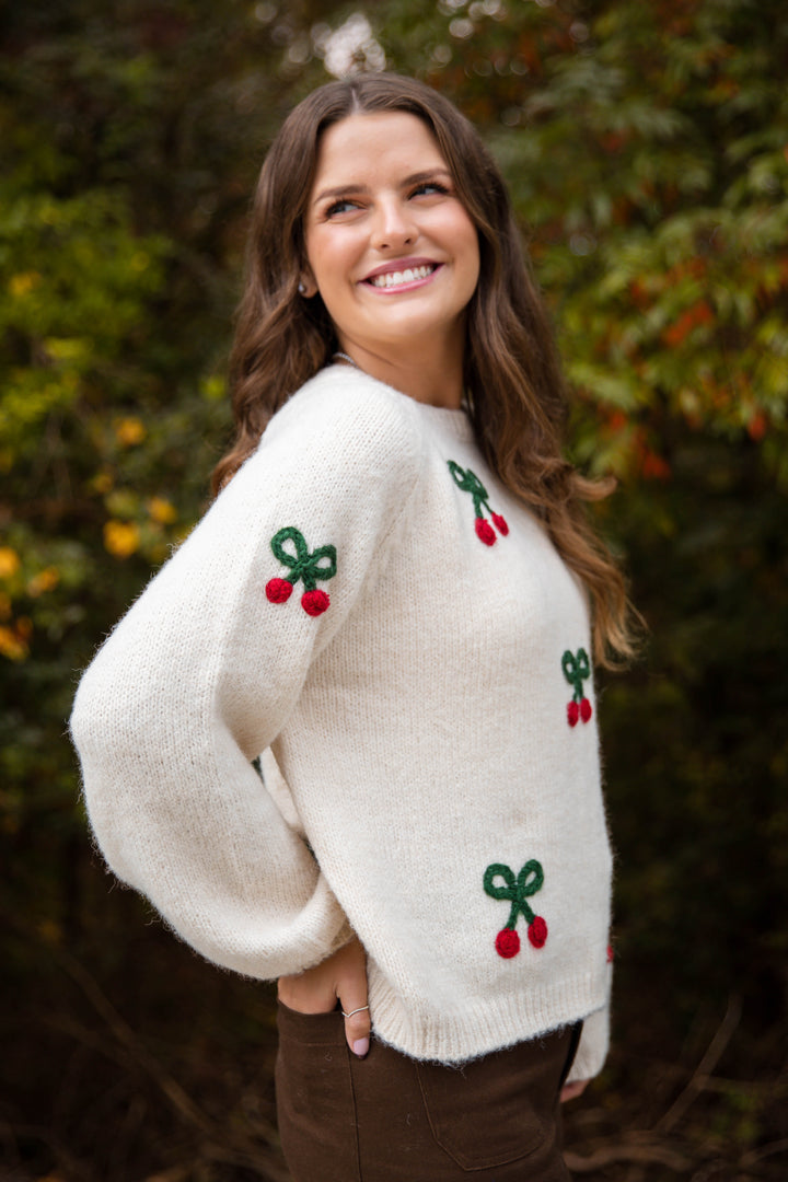 Cherry Embroidered Sweater- Lightweight Fall Sweater- Women's Cozy