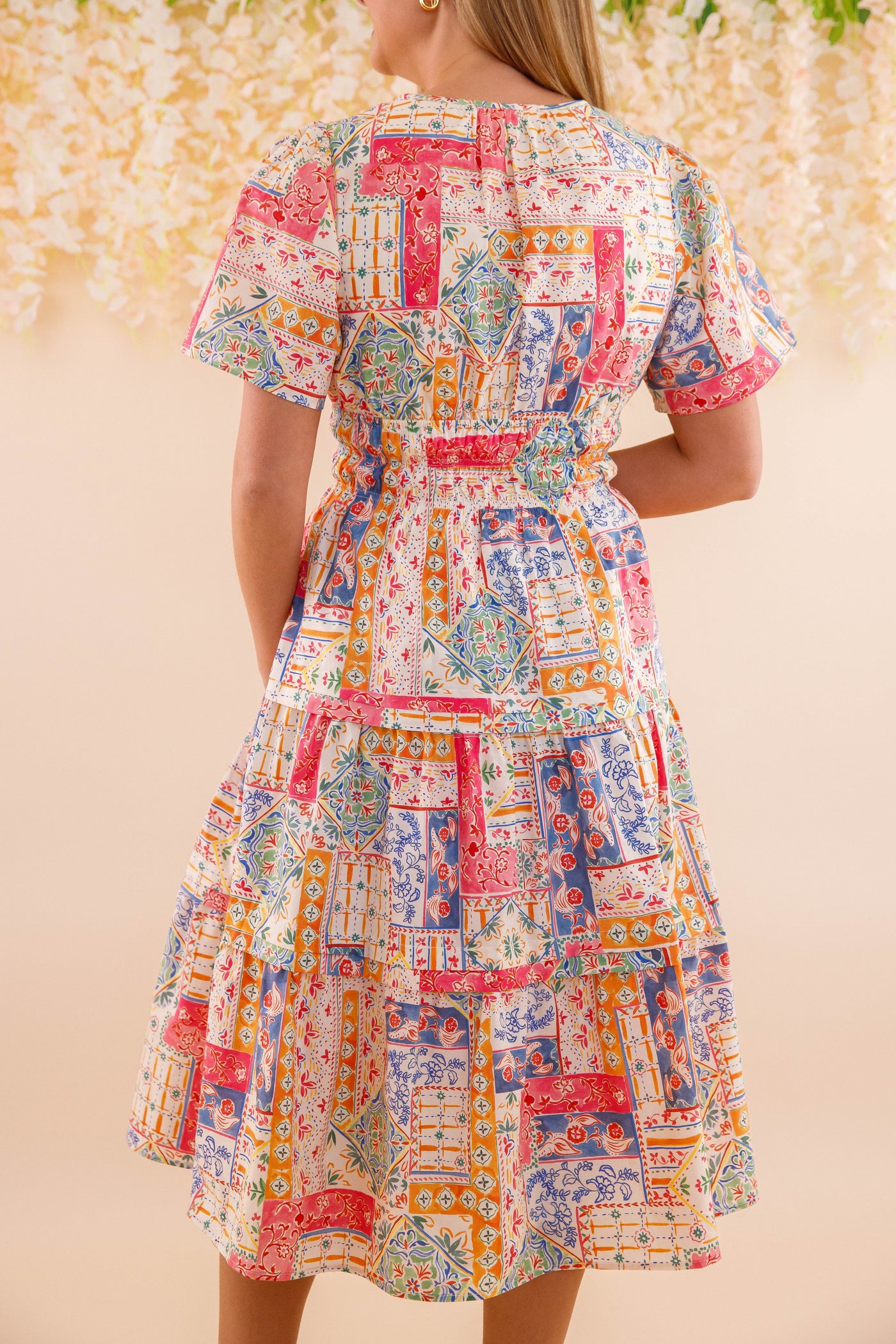 Patchwork Cotton Midi Dress- Women's Colorful Print Dress- Vacation Midi Dress
