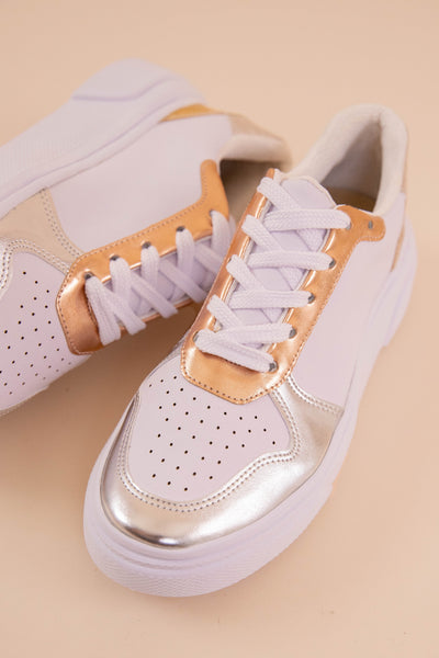 Women's White Sneakers- Trendy Metallic Sneakers For Women- Maker's Shoes Sneakers