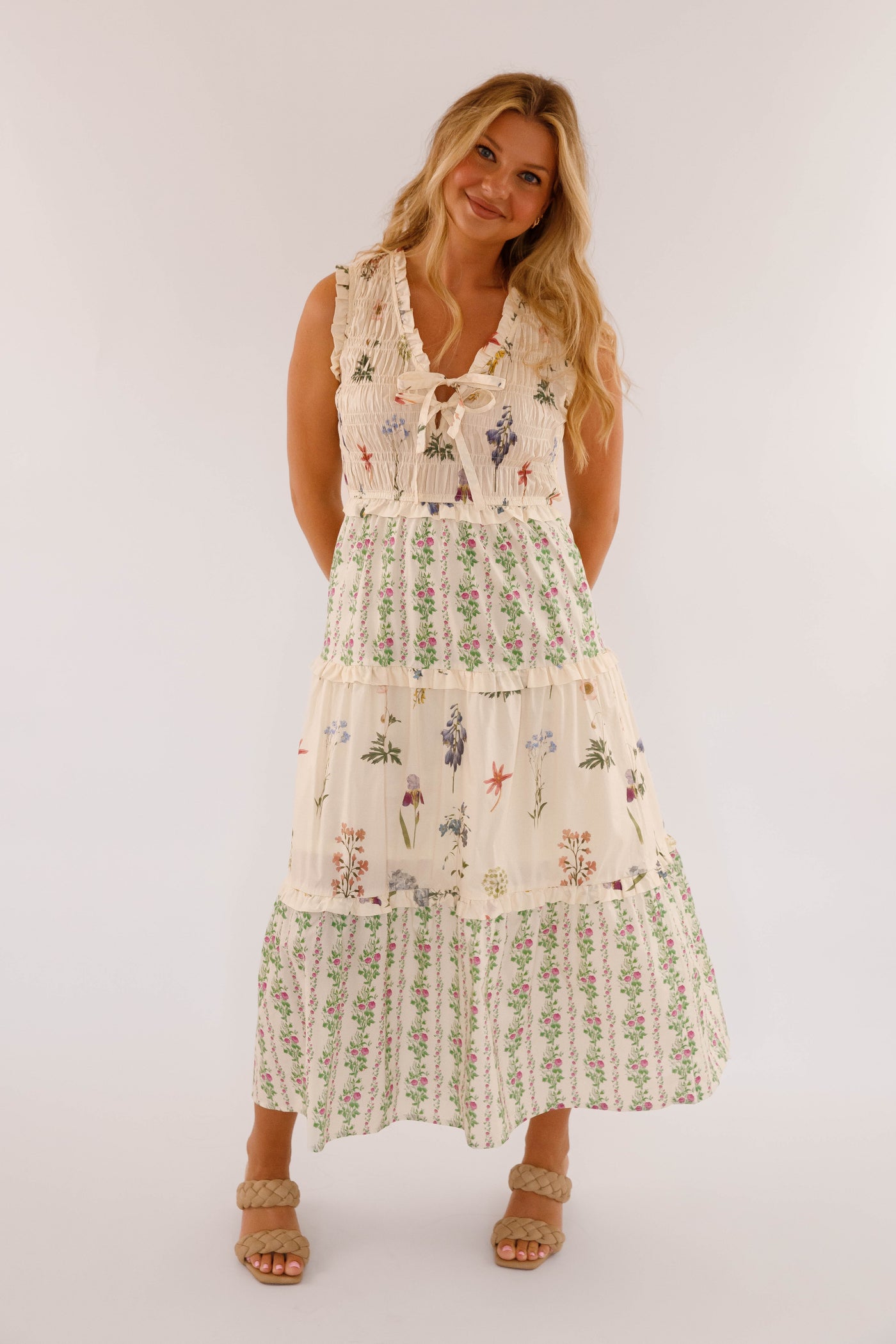 Ivory Floral Cotton Sleeveless Dress- Women's Maxi Dresses- Women's Cotton Entro Dress
