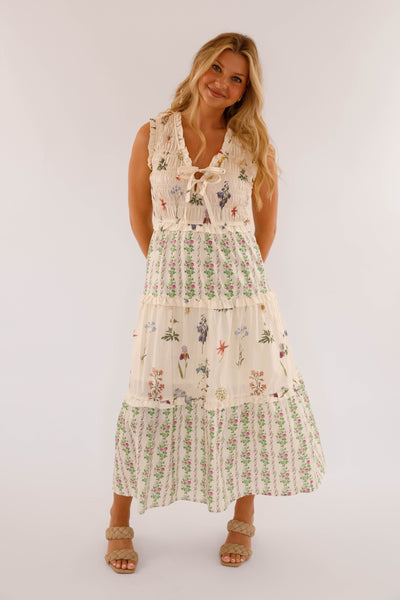 Ivory Floral Cotton Sleeveless Dress- Women's Maxi Dresses- Women's Cotton Entro Dress