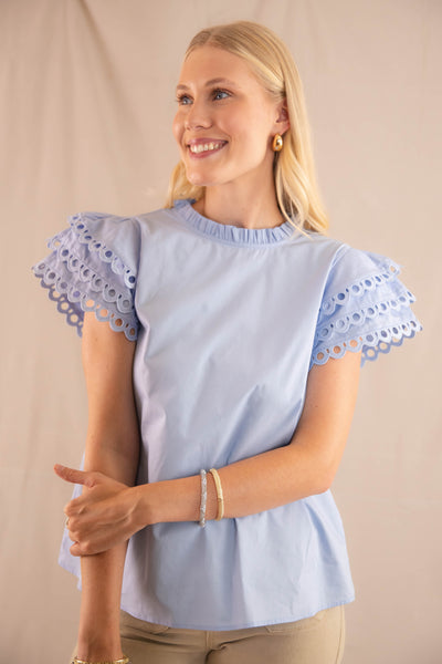 Women's Blue Cotton Blouse- Ruffle Eyelet Sleeve Blouse- Jodifl Tops