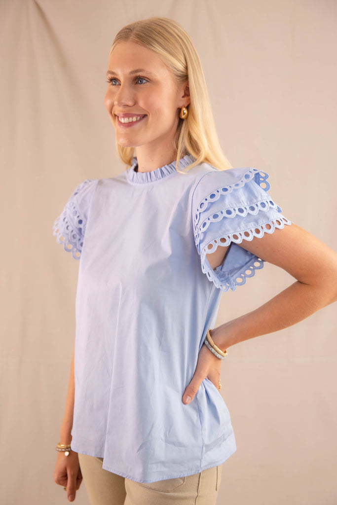 男女兼用 Women's Blouse Sleeve Eyelet Ruffle Blouse- Cotton Blue シャツ/ブラウス(長袖/七分)