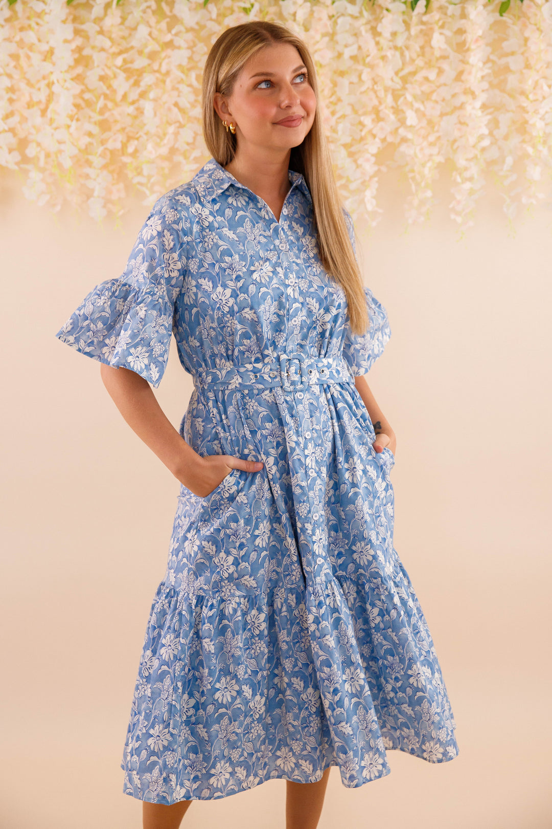 Blue and White Floral Dress- Women's Belted Midi Dress- Coastal Dresses Juliana's Boutique Blue and White Floral Dress- Women's Belted Midi Dress- Coastal Dresses Juliana's Boutique