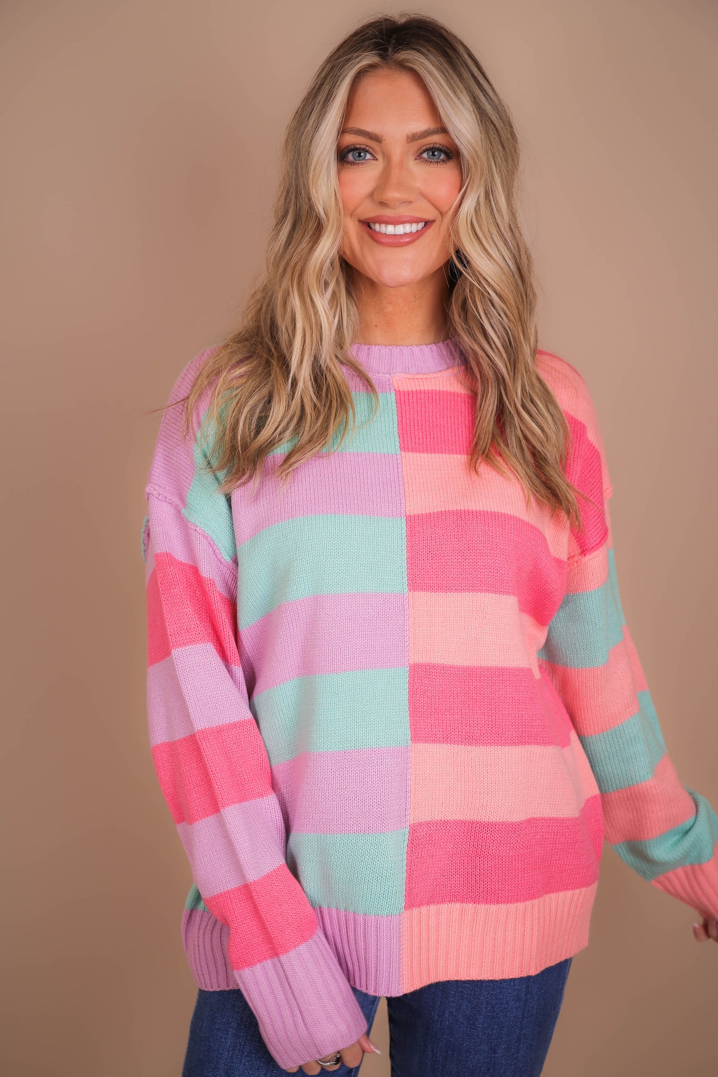Women's Rainbow Stripe Sweater- Women's Colorful Oversized Sweater- Peach Love Sweaters