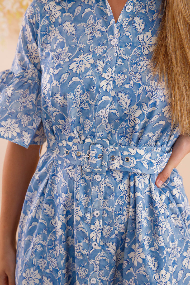 Blue and White Floral Dress- Women's Belted Midi Dress- Coastal Dresses Large Blue and White Floral Dress- Women's Belted Midi Dress- Coastal Dresses Large