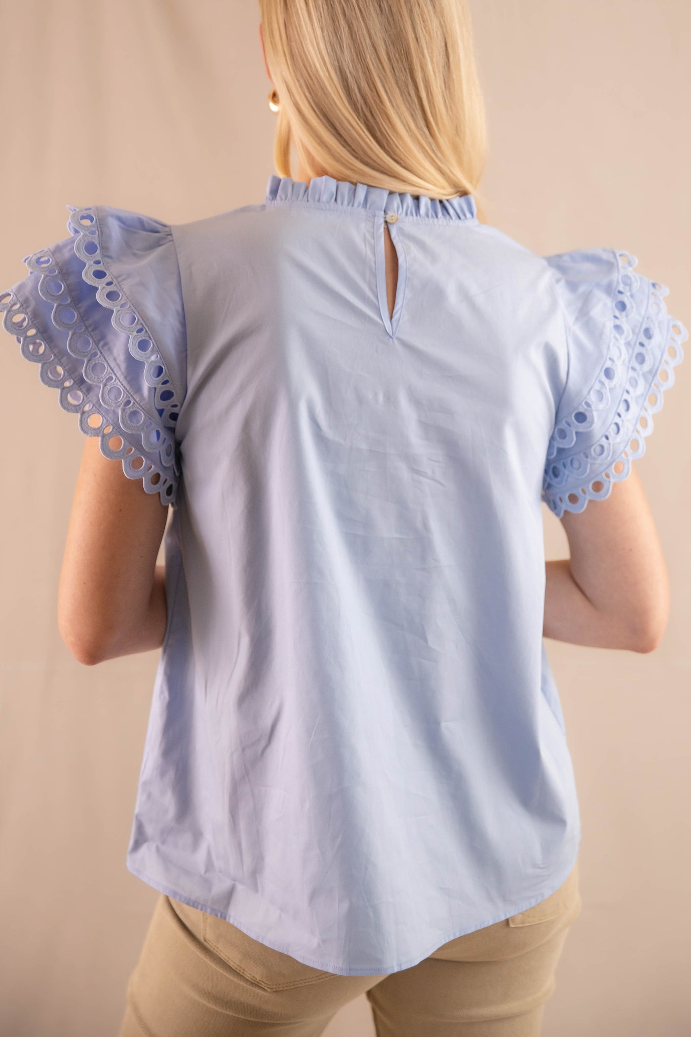 Women's Blue Cotton Blouse- Ruffle Eyelet Sleeve Blouse- Jodifl Tops