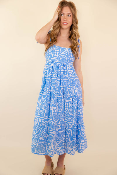 Women's Blue Tropical Print Midi Dress- Women's Vacation Dresses- BluPepper Dress