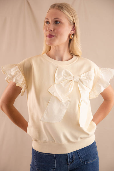 Poplin Bow Pullover Top- Women's Cream Bow Top