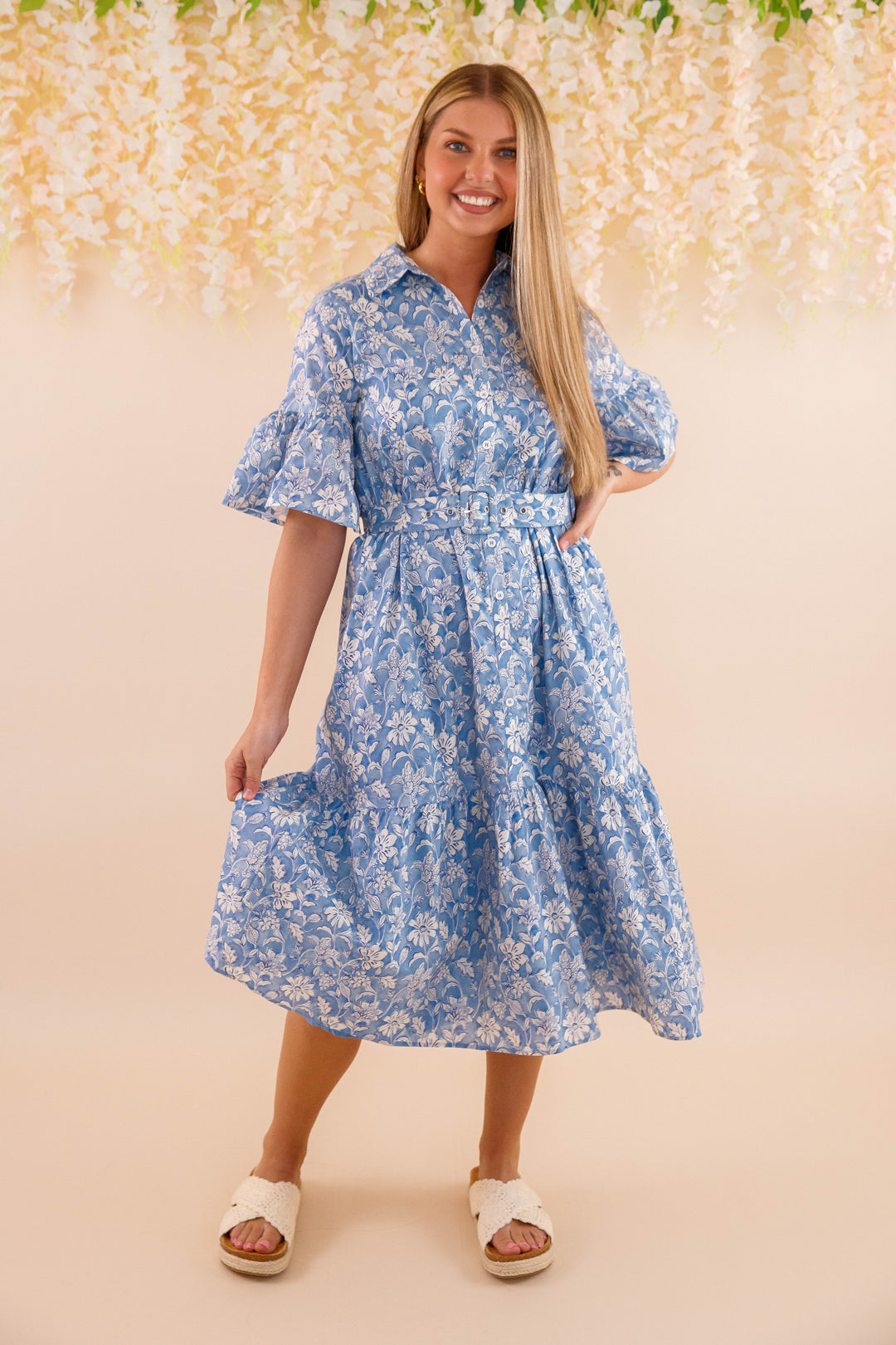 Blue and White Floral Dress- Women's Belted Midi Dress- Coastal Dresses –  Juliana's Boutique