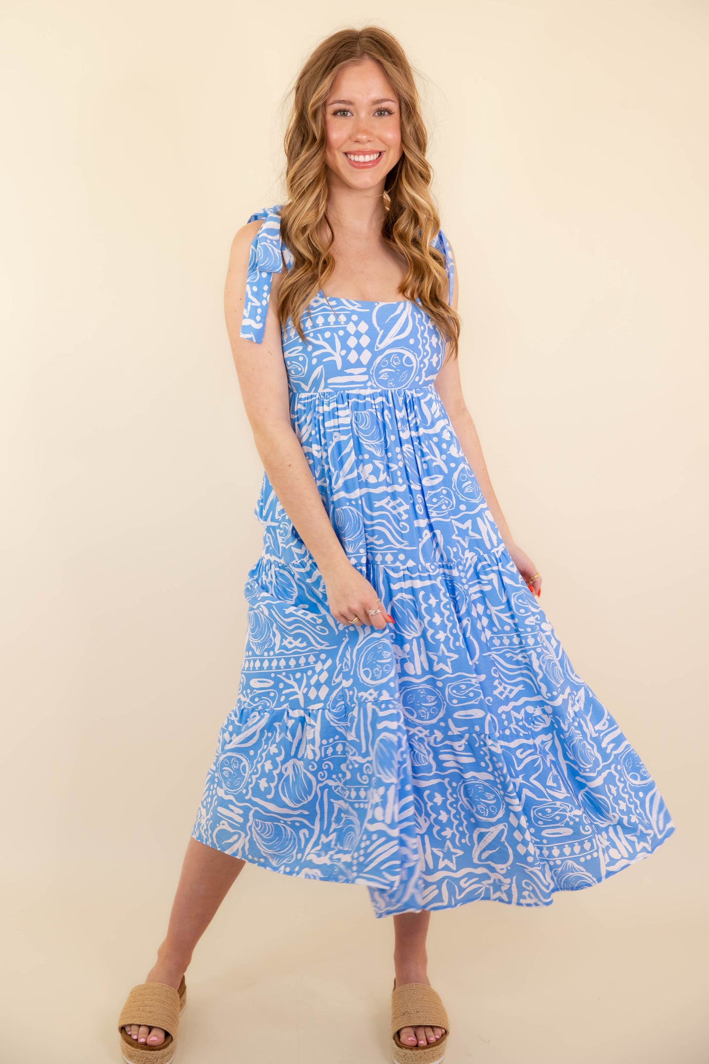 Women's Blue Tropical Print Midi Dress- Women's Vacation Dresses- BluPepper Dress