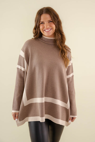 Women's Oversized Two Tone Sweater- Mockneck Brown Sweater- Entro Stripe Sweater