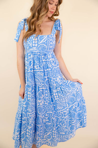 Women's Blue Tropical Print Midi Dress- Women's Vacation Dresses- BluPepper Dress