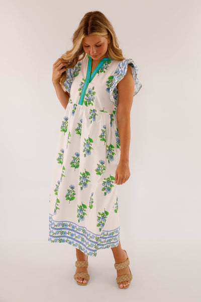 Flutter Sleeve Midi Dress- Women's Green and Blue Print Dress- Entro Dresses