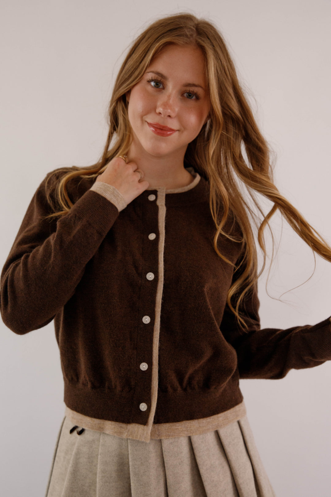 Brown Two Toned Cardigan- Women's Layering Cardigan- Miou Muse