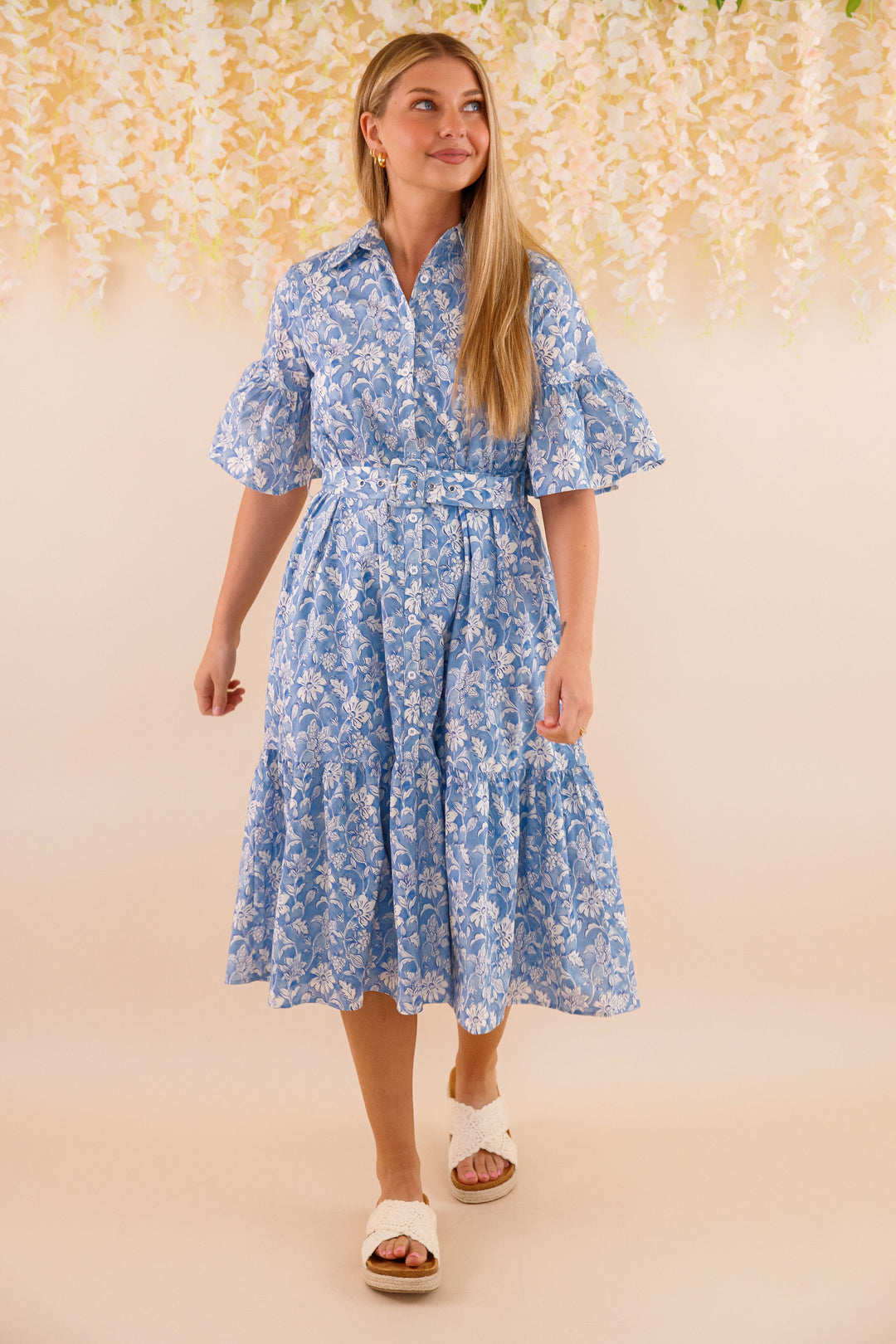 belted midi dress Blue and White Floral Dress- Women's Belted Midi Dress- Coastal Dresses Large