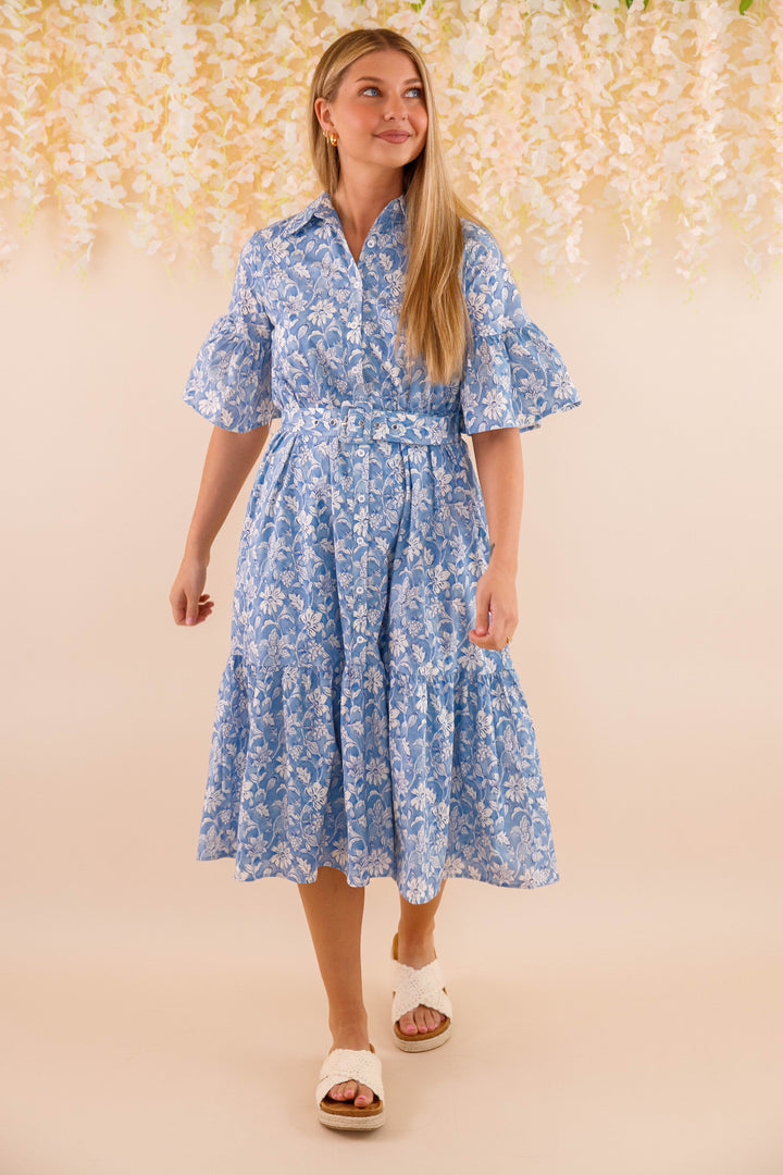Blue and White Floral Dress- Women's Belted Midi Dress- Coastal Dresses Large