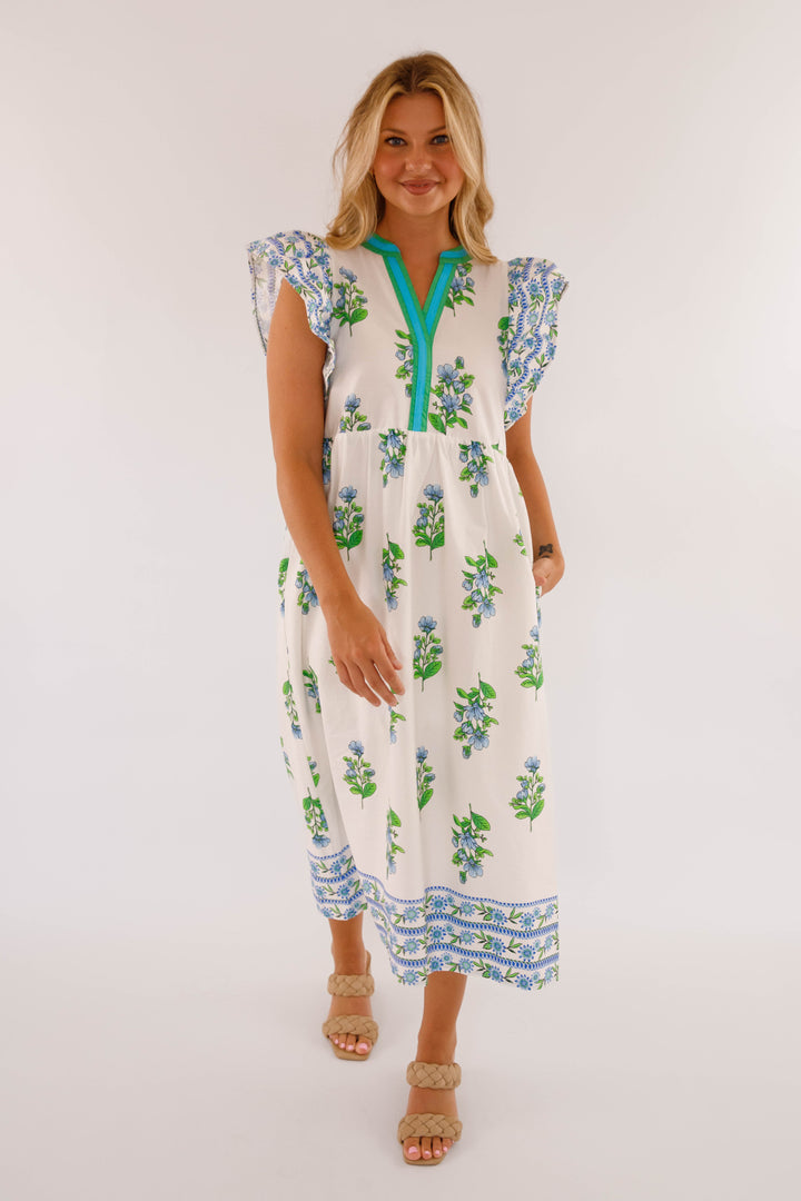 Flutter Sleeve Midi Dress- Women's Green and Blue Print Dress