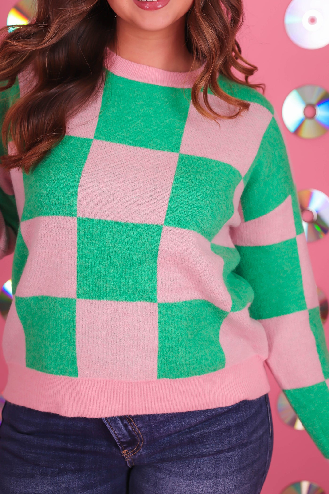 Women's Fun Pink and Green Sweater- Women's Checkered Sweater- Main Strip Sweater