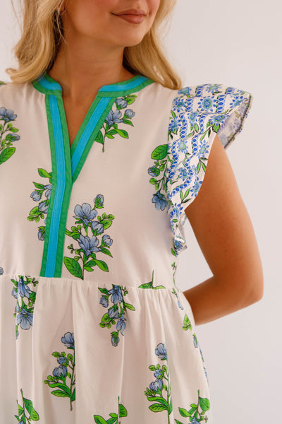 Flutter Sleeve Midi Dress- Women's Green and Blue Print Dress- Entro Dresses