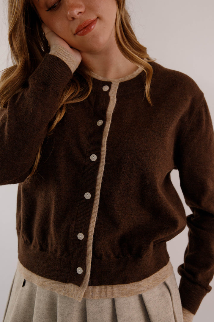 Brown Two Toned Cardigan- Women's Layering Cardigan- Miou Muse