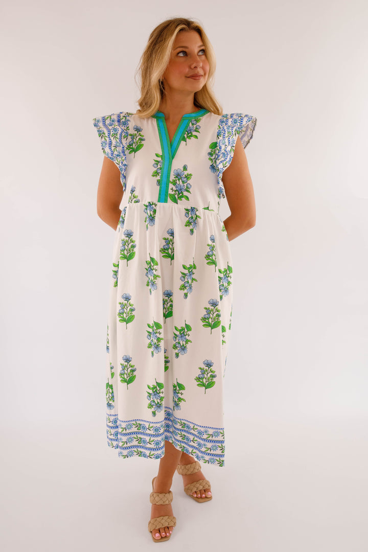 slim fit dress slacks Flutter Sleeve Midi Dress- Women's Green and Blue Print Dress- Entro Dresses Small