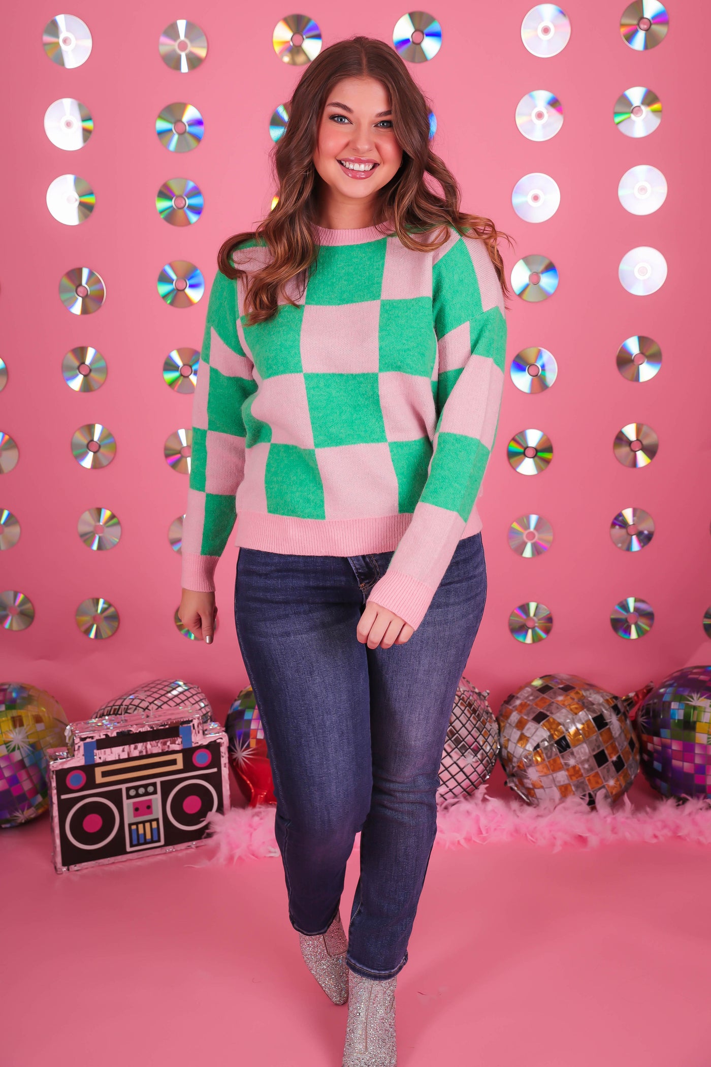 Women's Fun Pink and Green Sweater- Women's Checkered Sweater- Main Strip Sweater