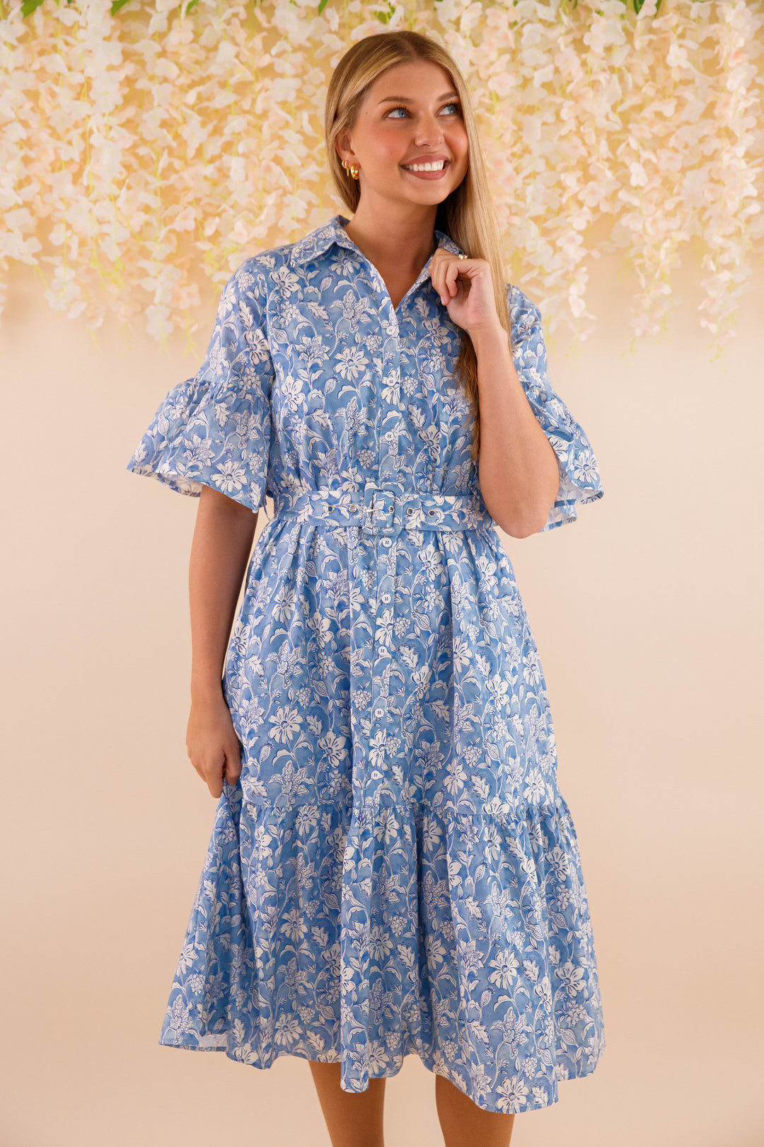 Blue and White Floral Dress- Women's Belted Midi Dress- Coastal Dresses Large Blue and White Floral Dress- Women's Belted Midi Dress- Coastal Dresses Large