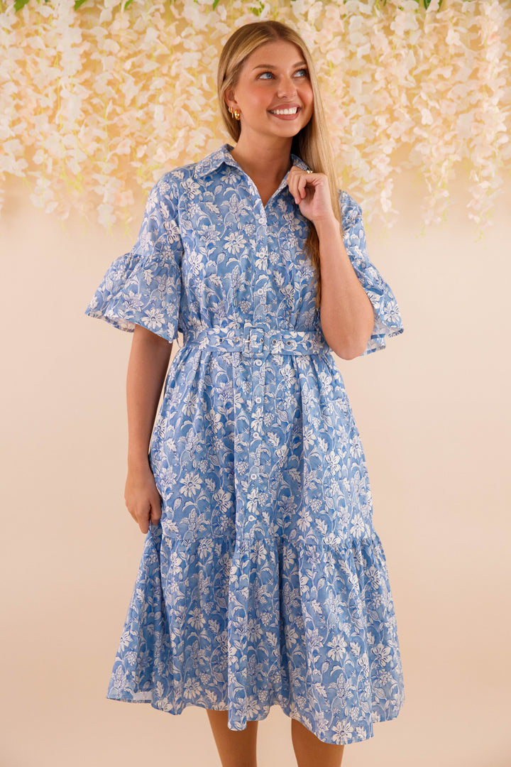 midi stylewe dresses on clearance Blue and White Floral Dress- Women's Belted Midi Dress- Coastal Dresses Large