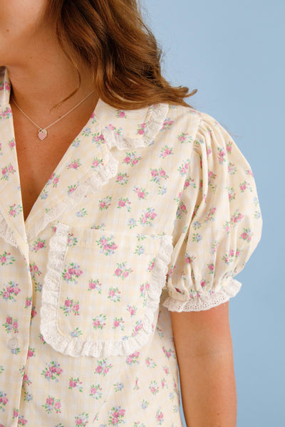 Women's Yellow Gingham Pajama Top- Floral Print Pajama Set- Women's Pajama Short Set