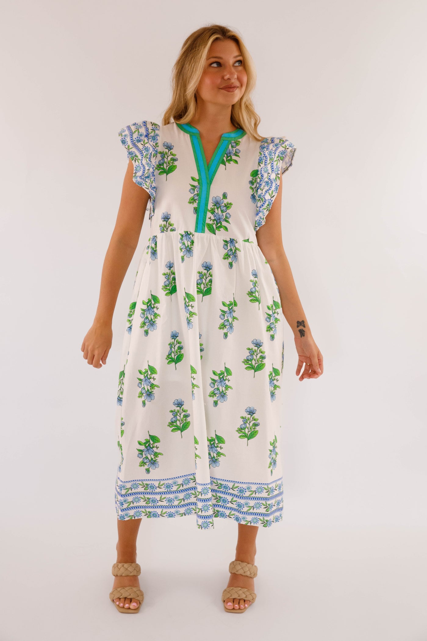 Flutter Sleeve Midi Dress- Women's Green and Blue Print Dress- Entro Dresses