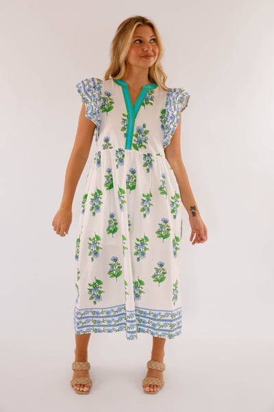 Flutter Sleeve Midi Dress- Women's Green and Blue Print Dress- Entro Dresses