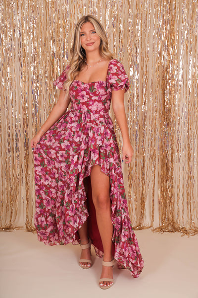 Women's Maroon Floral Maxi Dress- Elegant Floral Maxi- Storia Maxi Dress