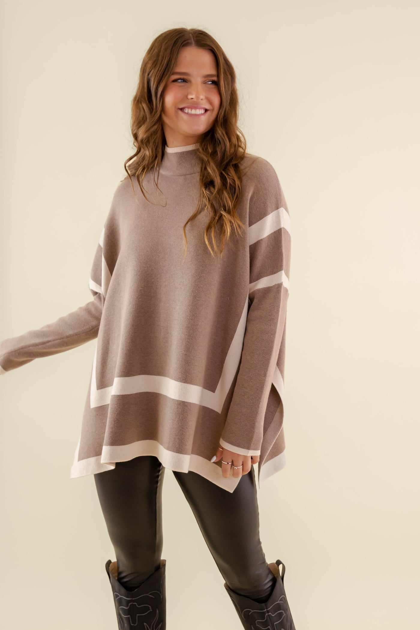 Women's Oversized Two Tone Sweater- Mockneck Brown Sweater- Entro Stripe Sweater