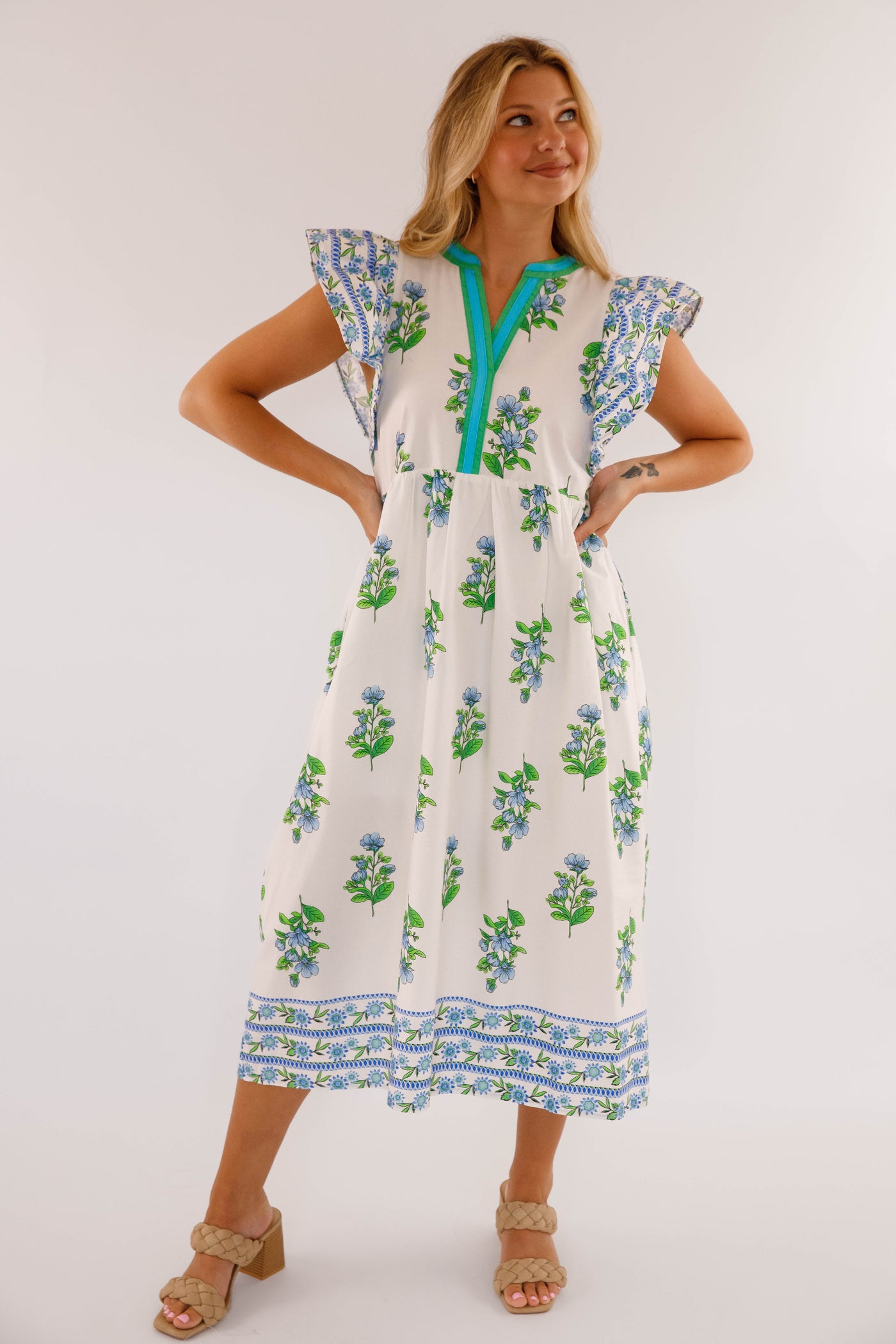 Flutter Sleeve Midi Dress- Women's Green and Blue Print Dress- Entro Dresses