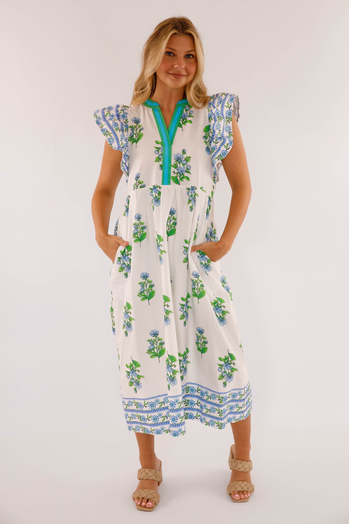 Flutter Sleeve Midi Dress- Women's Green and Blue Print Dress- Entro Dresses Juliana's Boutique Flutter Sleeve Midi Dress- Women's Green and Blue Print Dress- Entro Dresses Juliana's Boutique