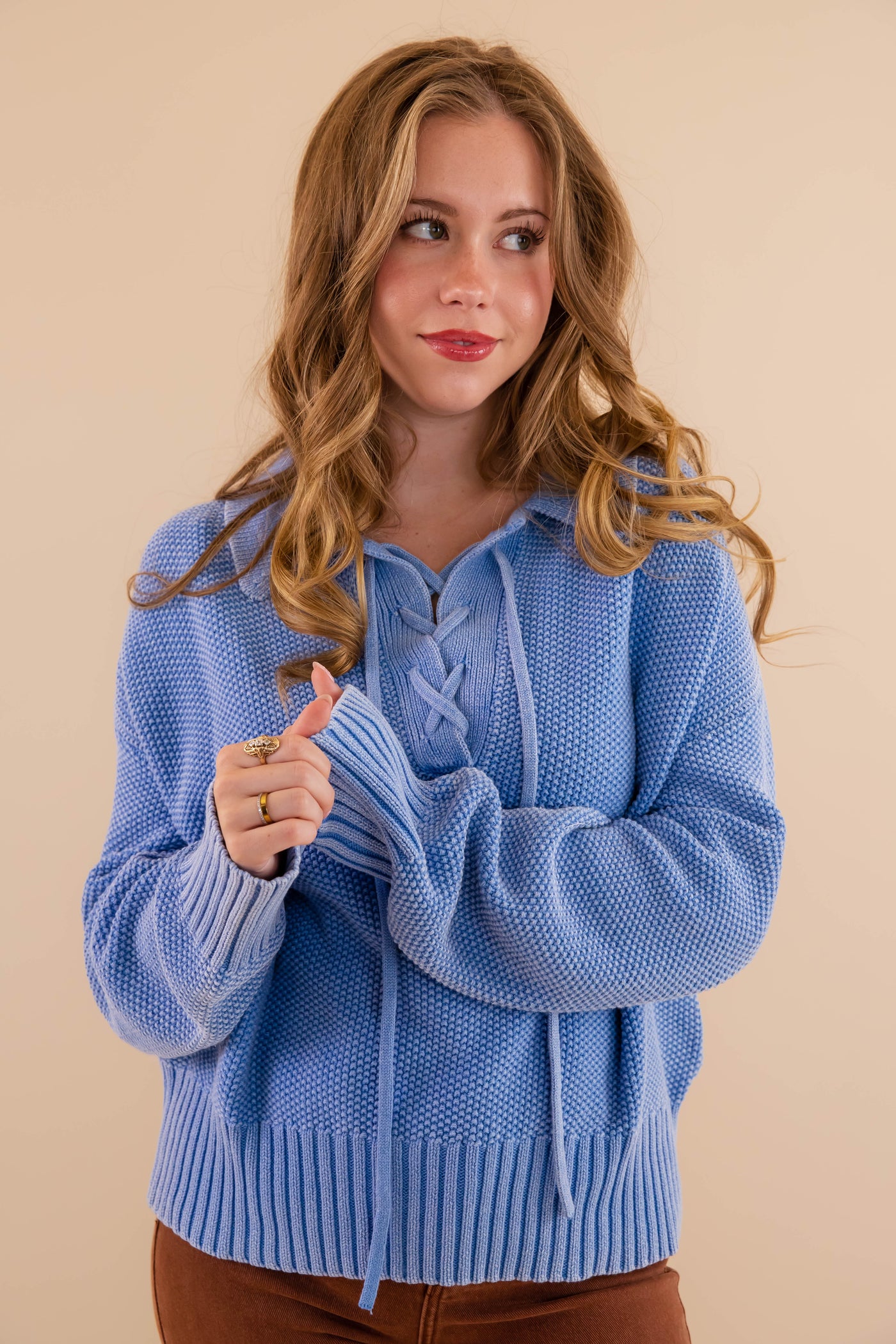 Lace Up Sweater- Textured Knit Sweater With Lace Up- Creamon Knit Lace Up Sweater