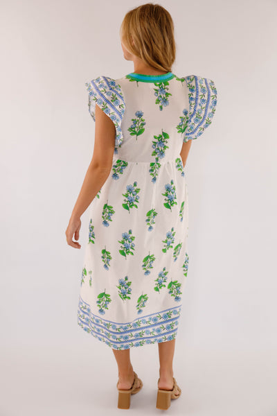 Flutter Sleeve Midi Dress- Women's Green and Blue Print Dress- Entro Dresses