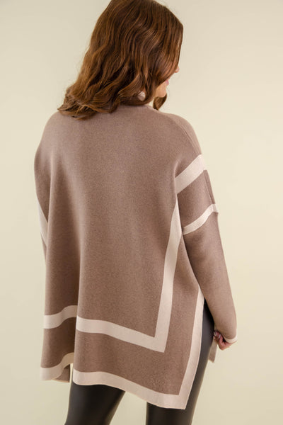 Women's Oversized Two Tone Sweater- Mockneck Brown Sweater- Entro Stripe Sweater