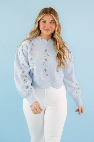 Baby Blue Scallop Sweater- Floral Embroidered Sweater- Women's Blue Flower Sweater