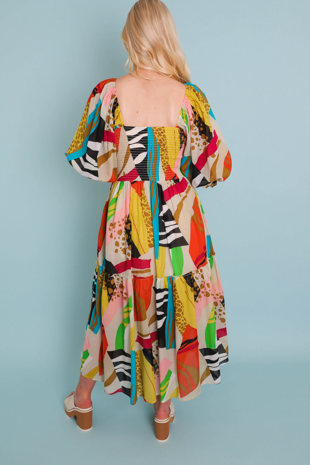 idol mixed print midi dress Umgee Blue Mix Bold Floral Tiered Midi Dress Ruby Idol Apparel