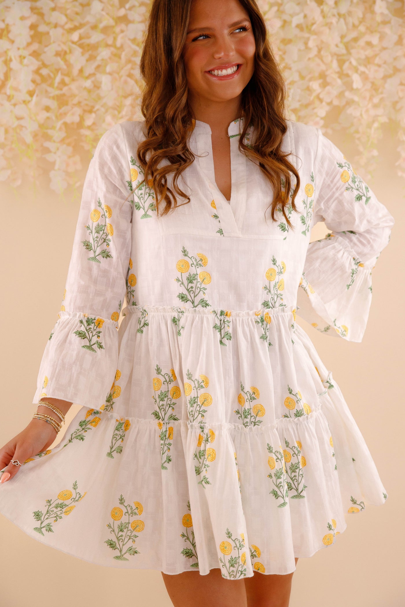Women's White Cotton Floral Mini Dress- Women's Spring Summer Dresses- Yellow and Green Flower Dress – Juliana's Boutique