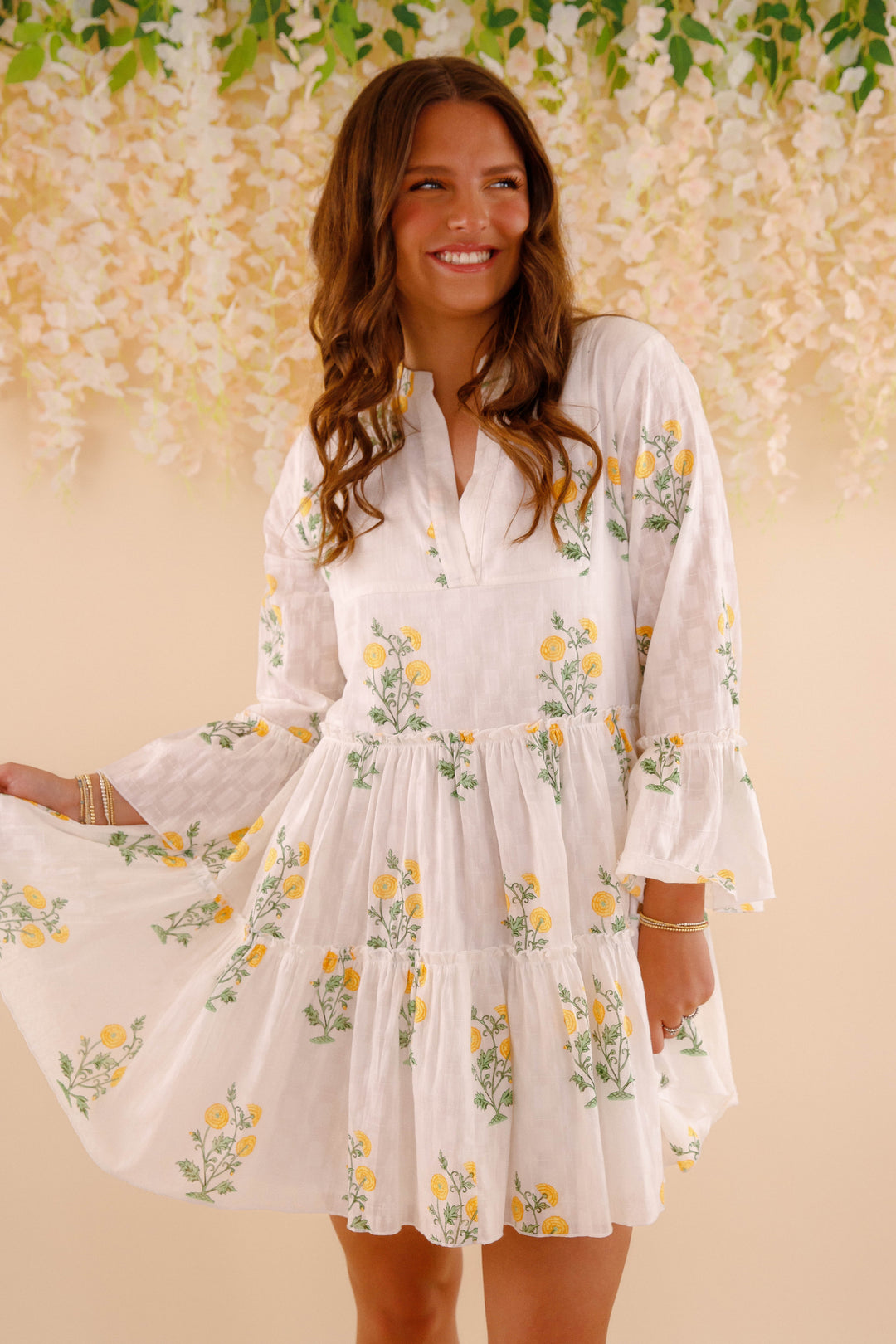 white yellow flower dress Women's Cotton Floral Mini Dress- Women's Spring Summer Dresses- and Green Small Short Black Formal Dresses Step into a bridal Brown Beige Hood Degree Color:Brown