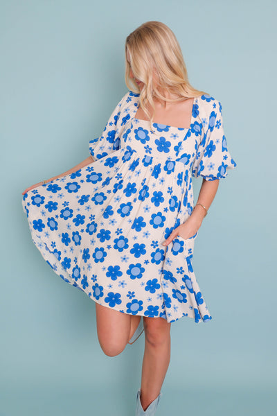 Fun Blue Flower Dress- Retro Inspired Dresses- Fun Blue Spring Dress