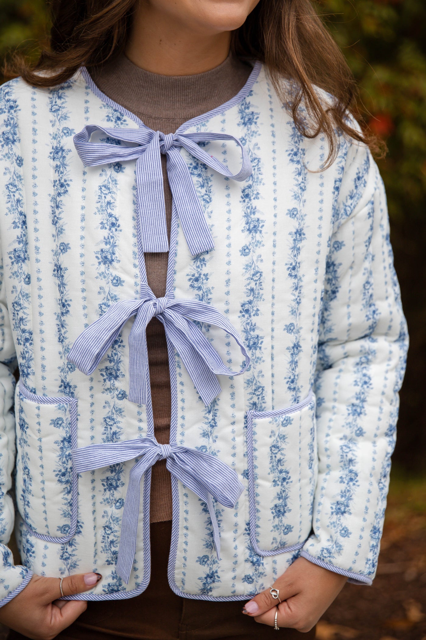 Ditzy Floral Quilted Jacket- Women's Blue Quilted Jacket- PeachLove Bow Floral Jacket