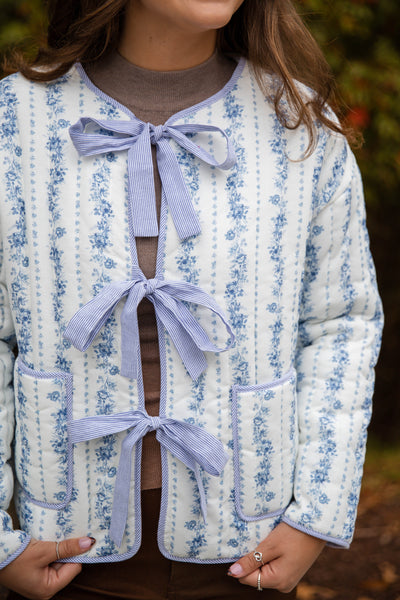 Ditzy Floral Quilted Jacket- Women's Blue Quilted Jacket- PeachLove Bow Floral Jacket